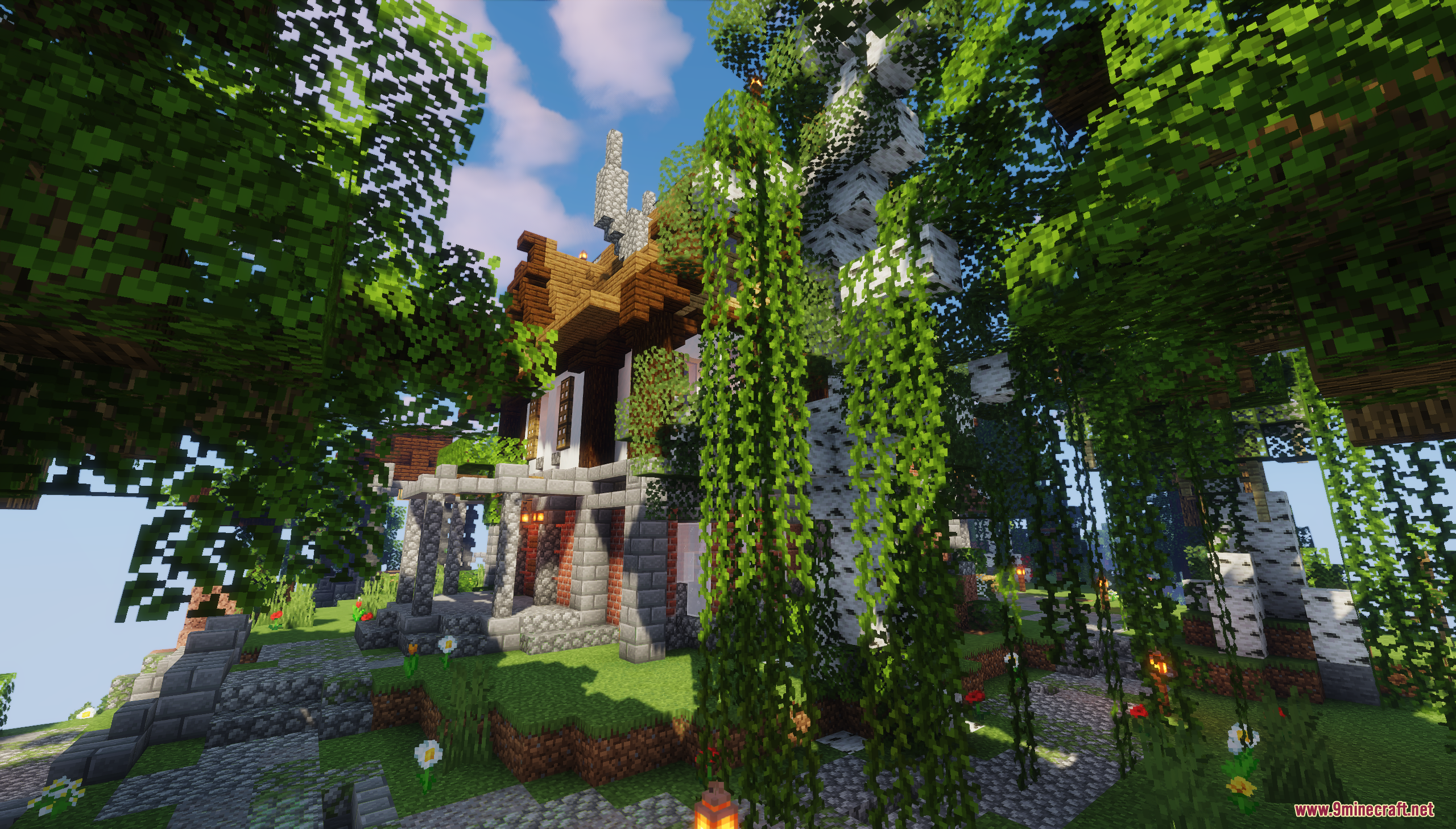 Sky Island Survival Map (26.1.2, 1.20.1) – Survive On Floating Sky Islands 9 Overgrown entrance to the abandoned base with hanging green vines