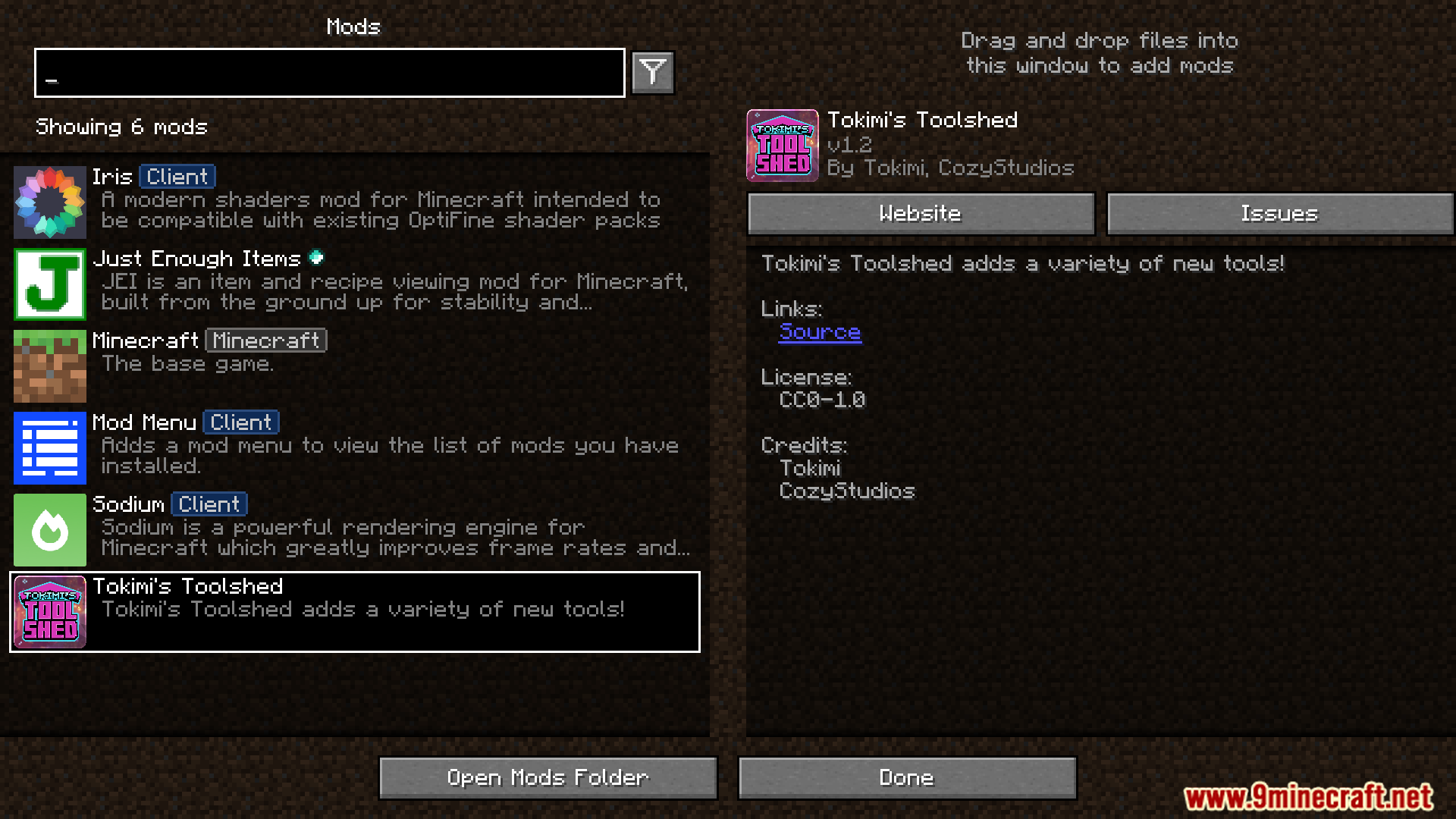 Mod menu screen showing the installed tokimis toolshed mod