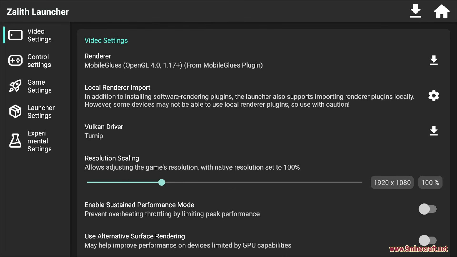 Zalith Reborn Launcher – Play Meteor Client On Mobile 6 Video settings menu in zalith launcher showing renderer and resolution options