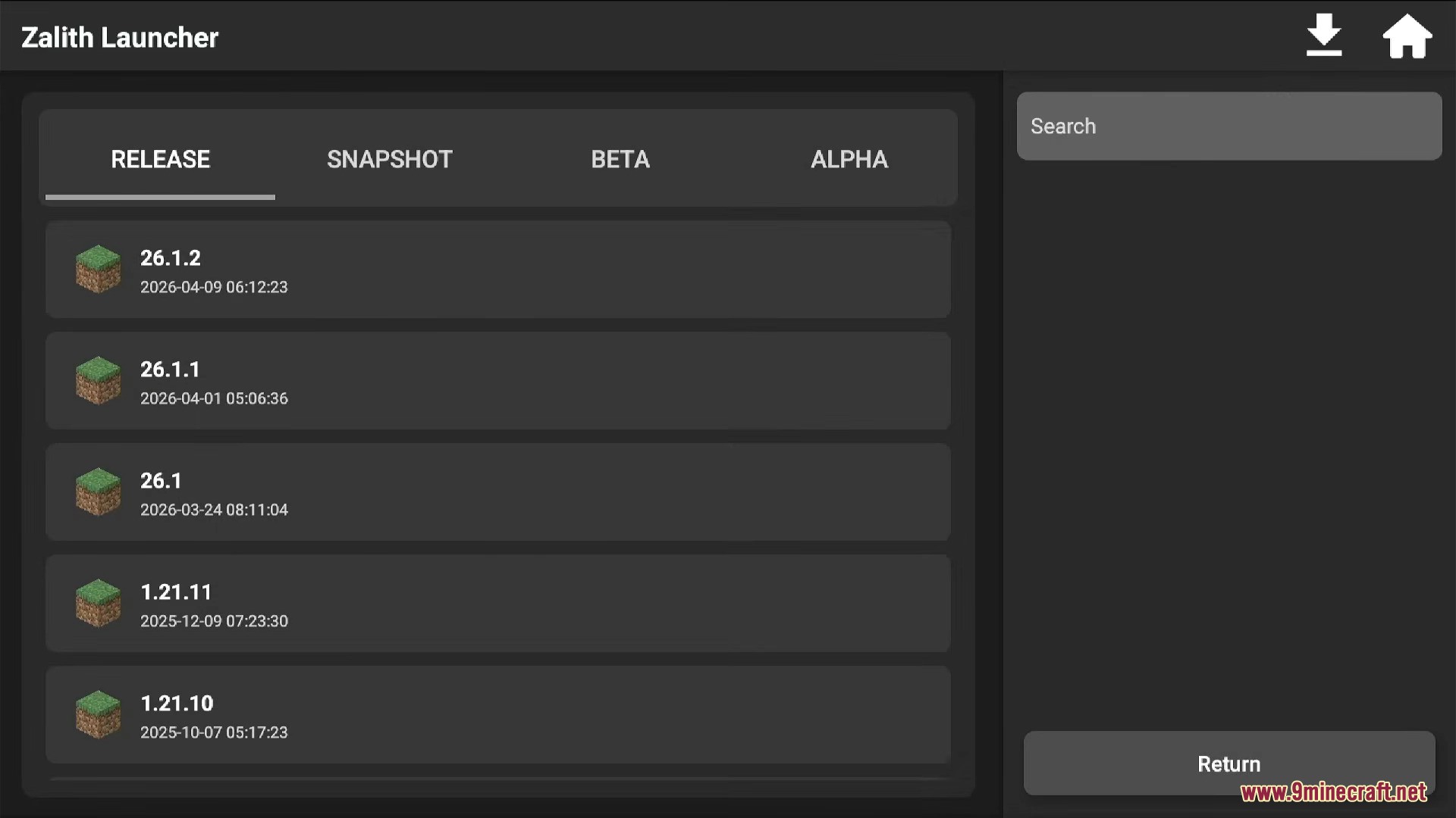Zalith Reborn Launcher – Play Meteor Client On Mobile 7 Version selection screen displaying release and snapshot options for the game