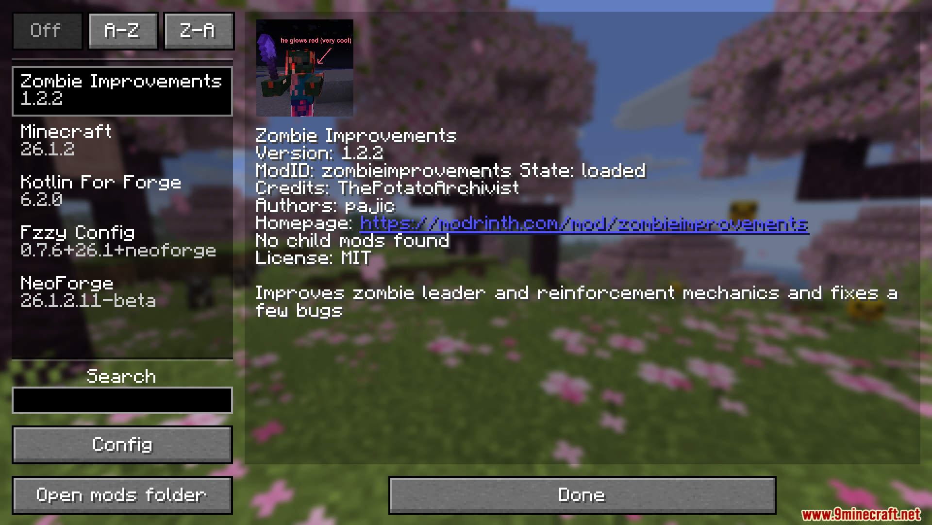 Minecraft mod menu displaying the zombie improvements information and version