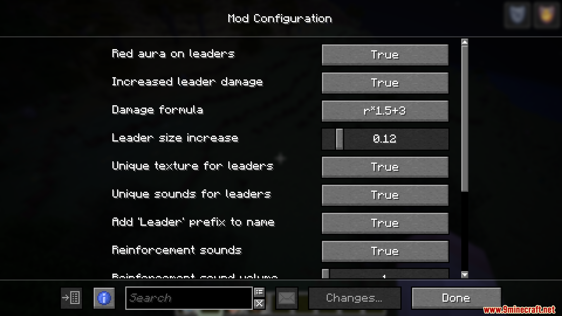 Configuration menu showing settings for leader zombies and reinforcement mechanics