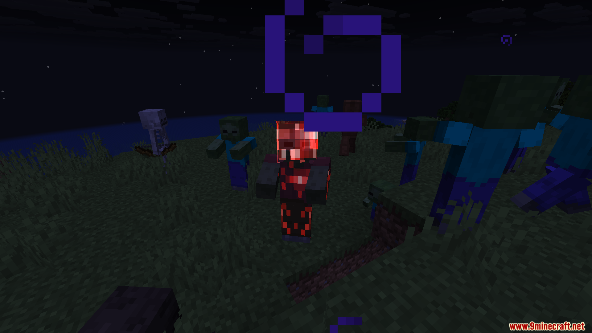 Glowing red leader zombie standing with a group of regular zombies