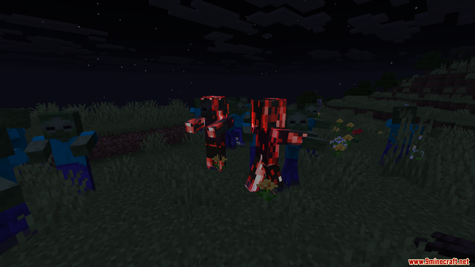 Multiple glowing leader zombies leading a group of regular zombies