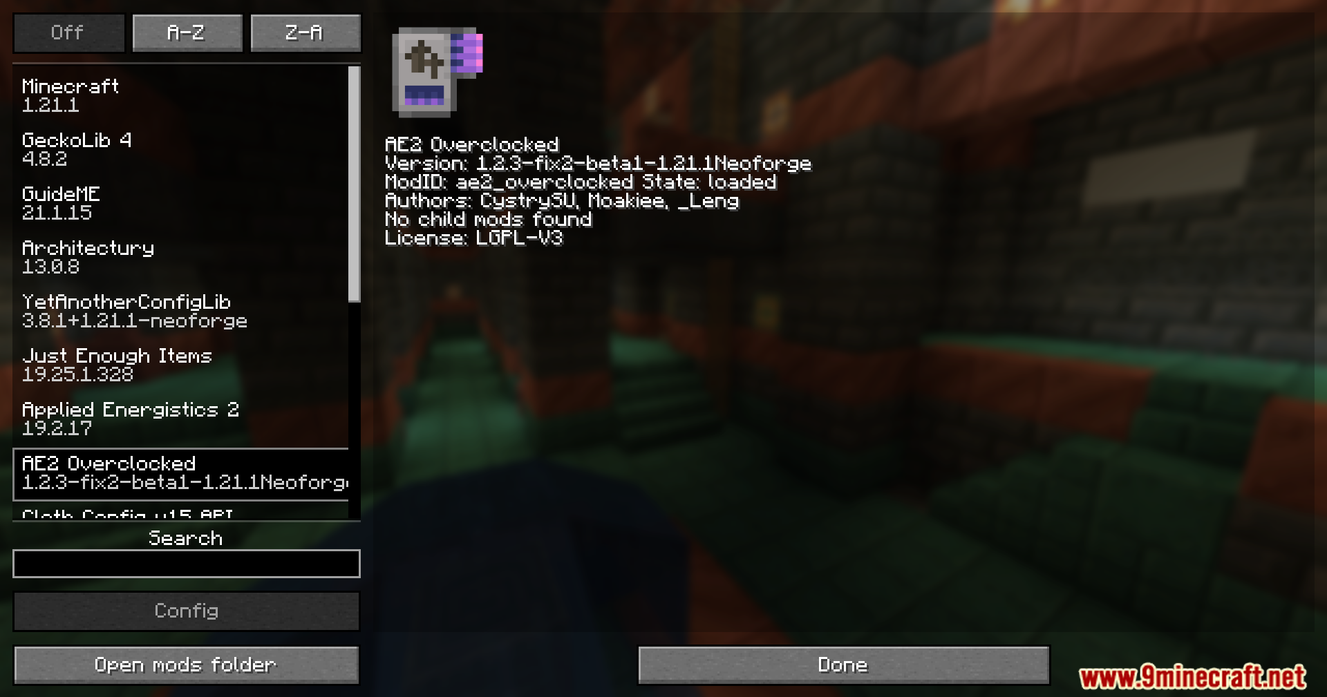 Ae2 Overclocked Mod (1.21.1, 1.20.1) – Process Items Instantly In Your Ae2 2 Player looking at the ae2 overclocked mod information in the game menu