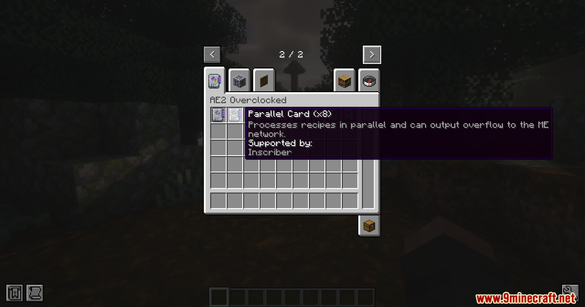 Ae2 Overclocked Mod (1.21.1, 1.20.1) – Process Items Instantly In Your Ae2 5 Tooltip showing details of the parallel card x8 in the inventory
