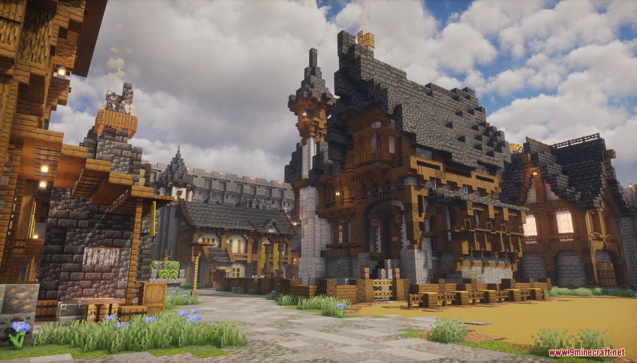 A bustling medieval city street with detailed timber-framed houses