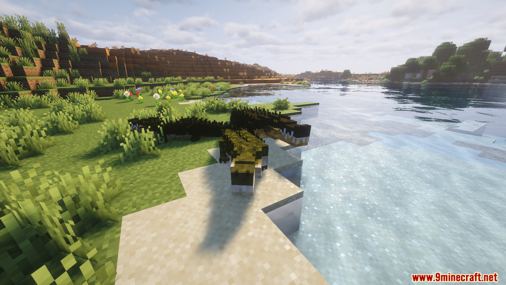 Animal Garden Crocodile Mod (26.1.2, 1.20.1) – Survive Deadly Swamp Crocodiles 5 Animal garden crocodiles resting on a sandy riverbank