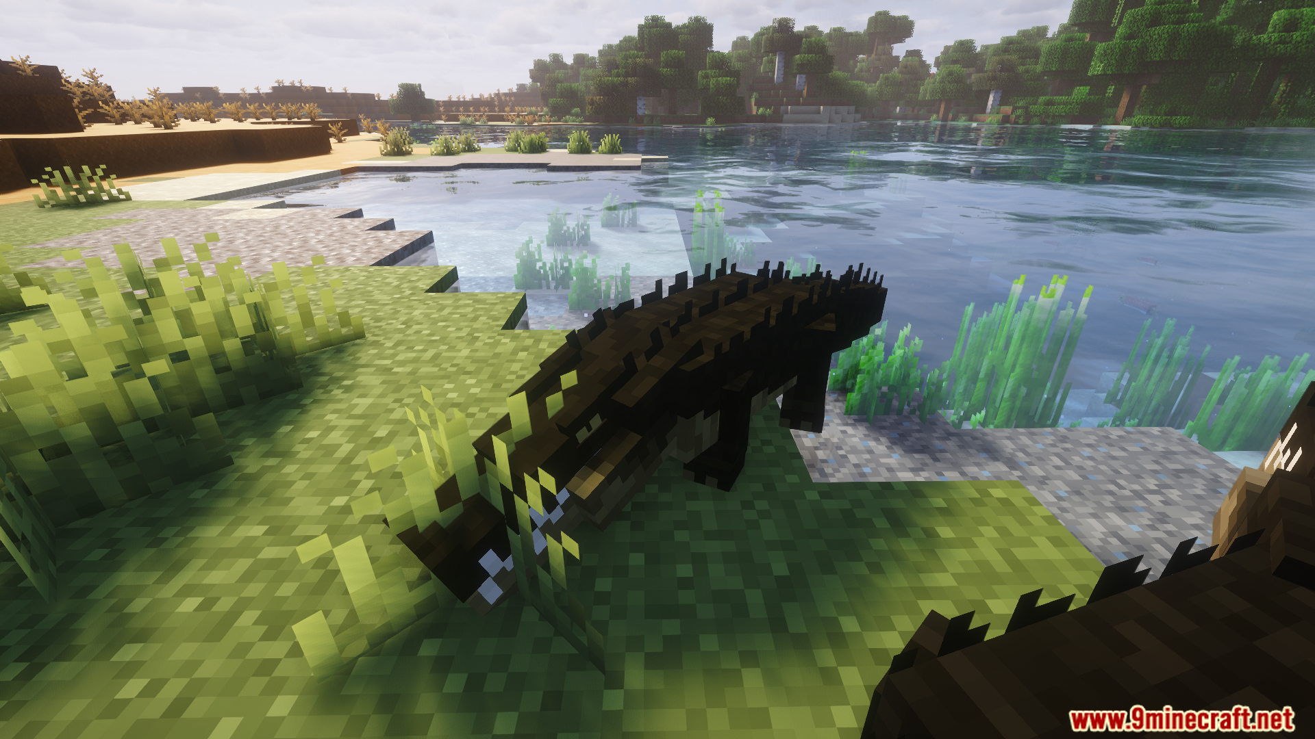 Animal Garden Crocodile Mod (26.1.2, 1.20.1) – Survive Deadly Swamp Crocodiles 6 A dark crocodile with a spiky back near the water