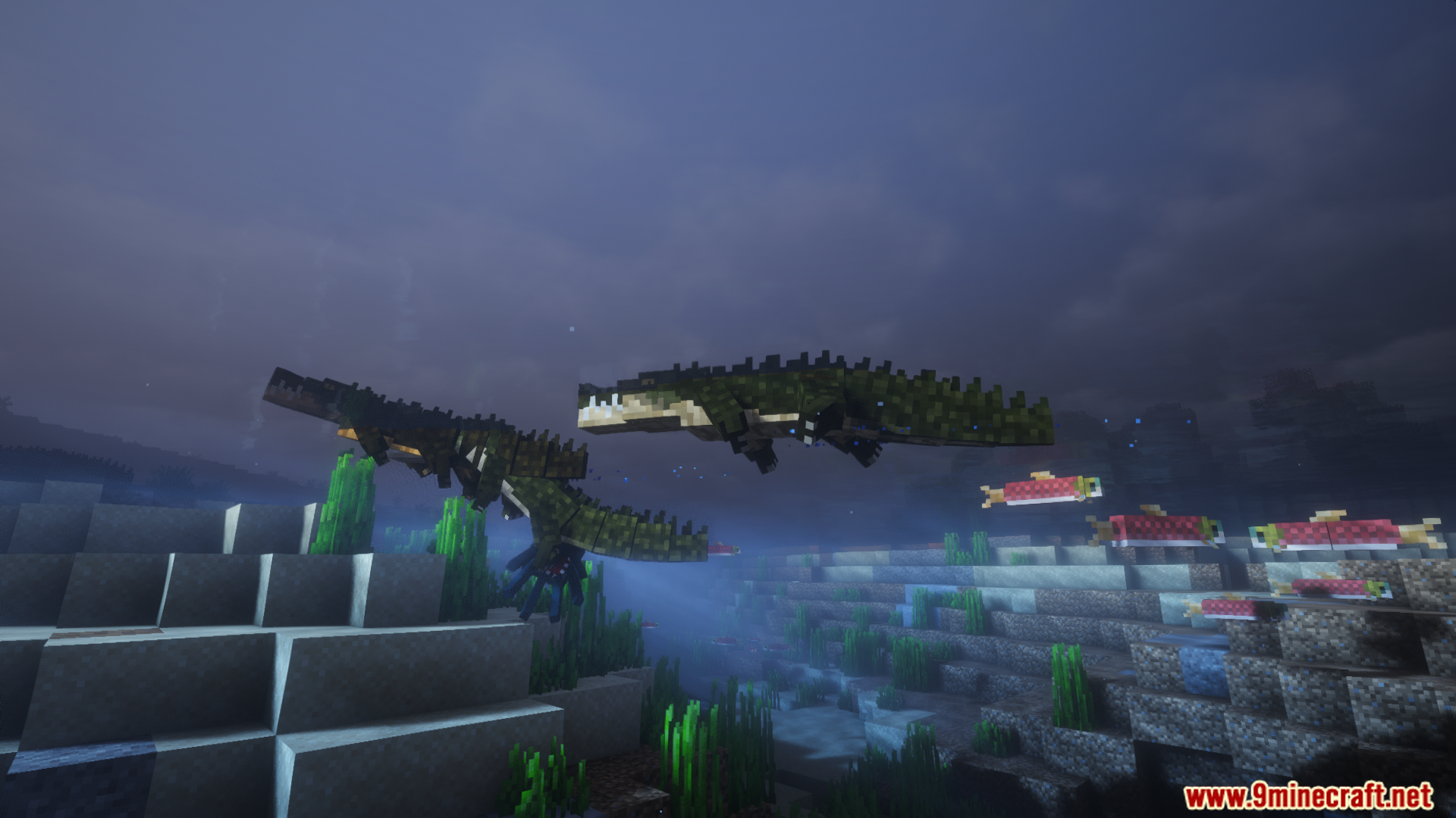 Animal Garden Crocodile Mod (26.1.2, 1.20.1) – Survive Deadly Swamp Crocodiles 9 Crocodiles swimming underwater near a school of fish