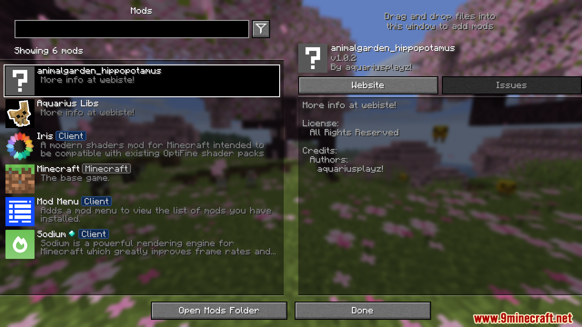 Animal garden hippopotamus mod in the mods list menu