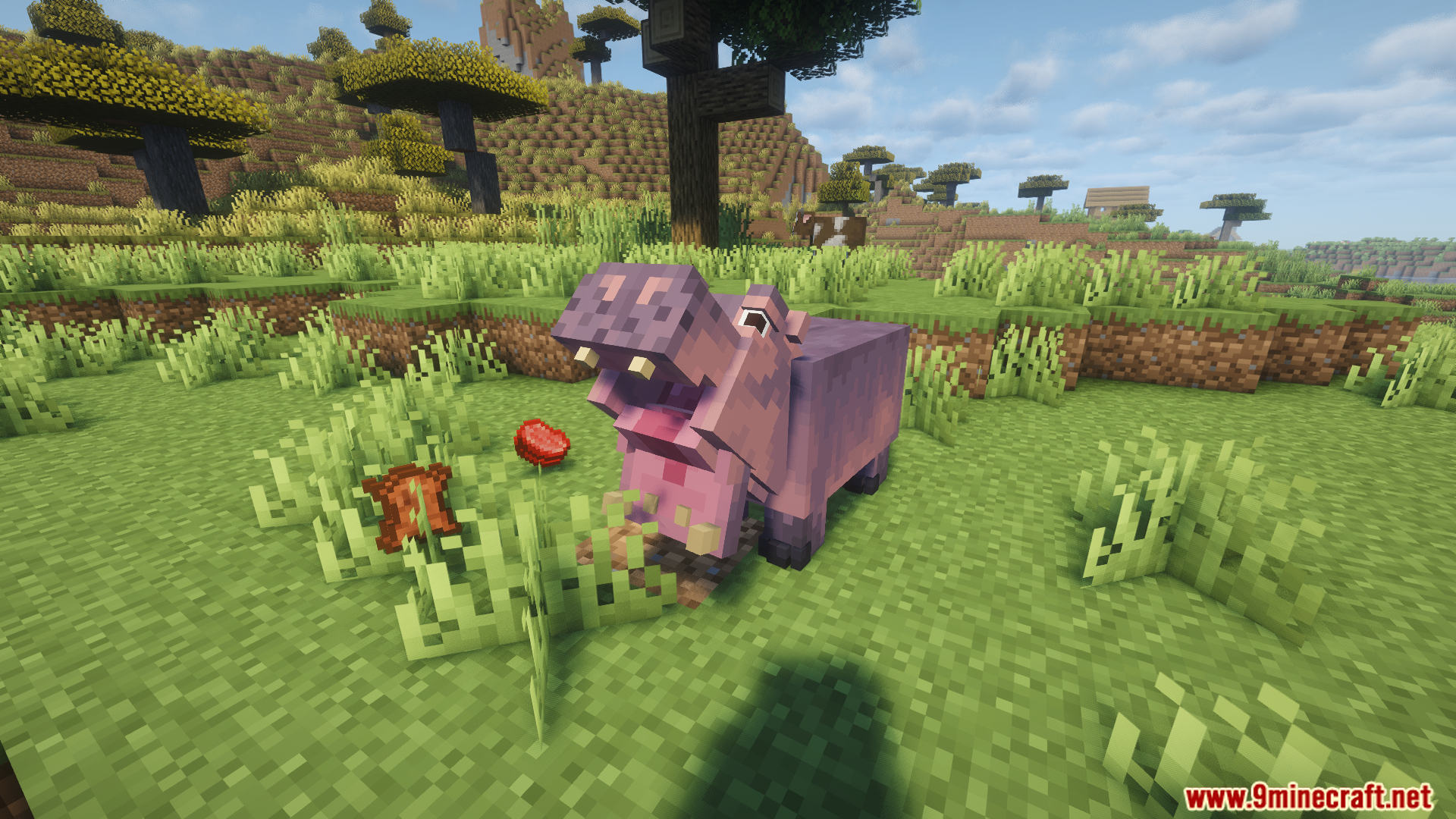 A purple hippo with its mouth open in a savanna