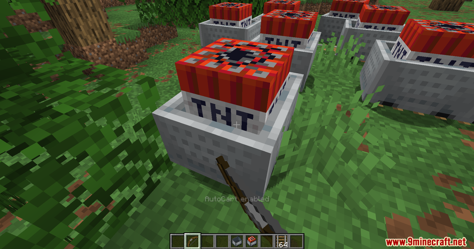 Auto Cart Mod (1.21.11) – Shoot Explosive Tnt Carts 4 Aiming a bow at tnt minecarts with feature enabled