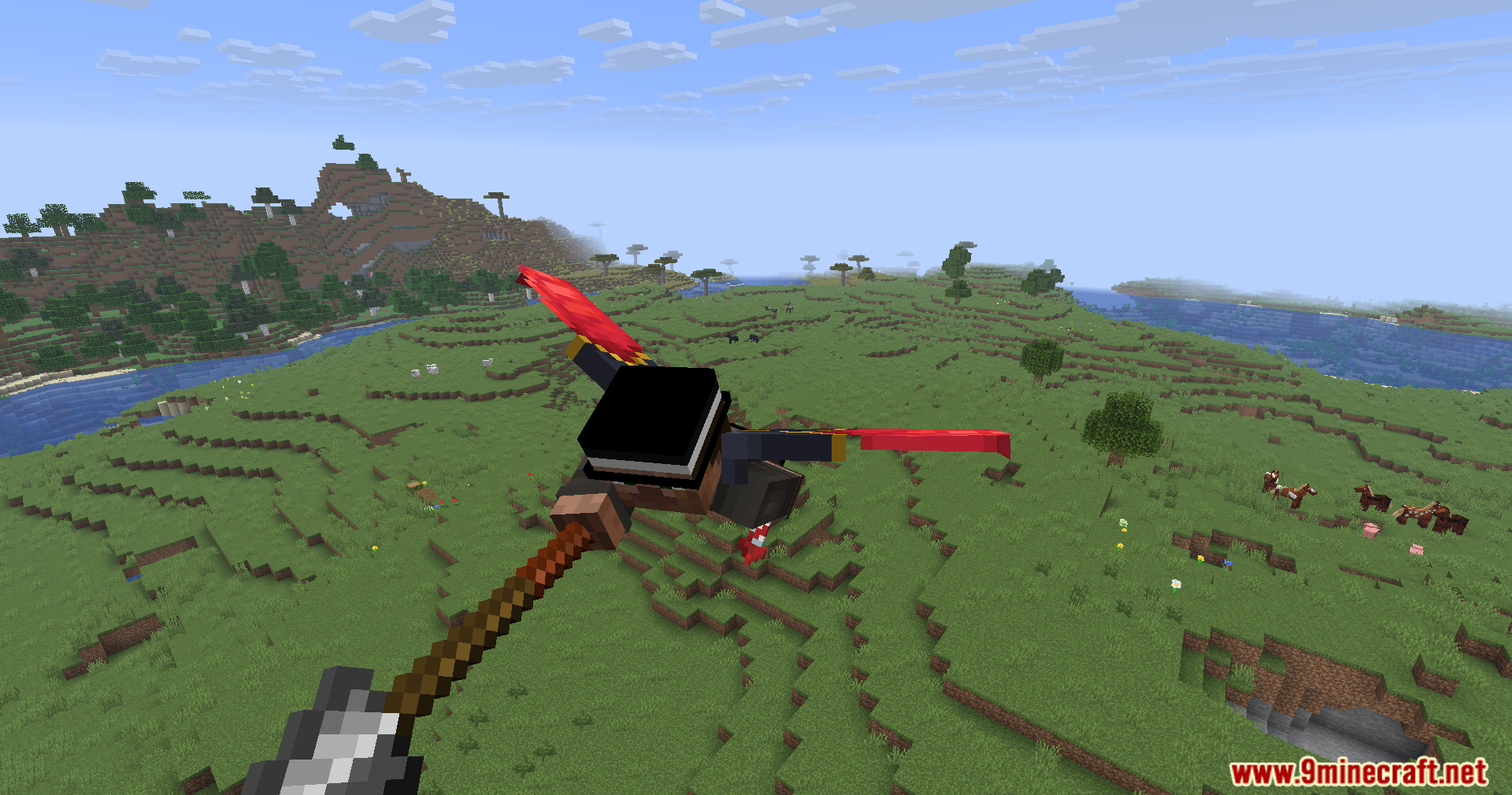 Player flying through the air holding a winged spear