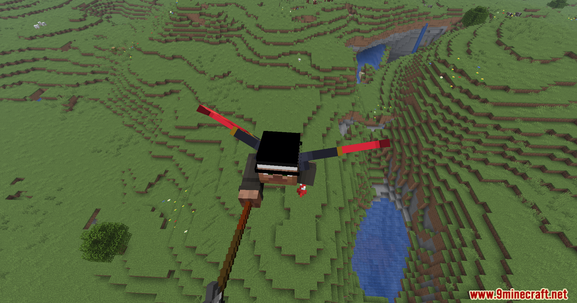 Flying over a river valley with a magical spear