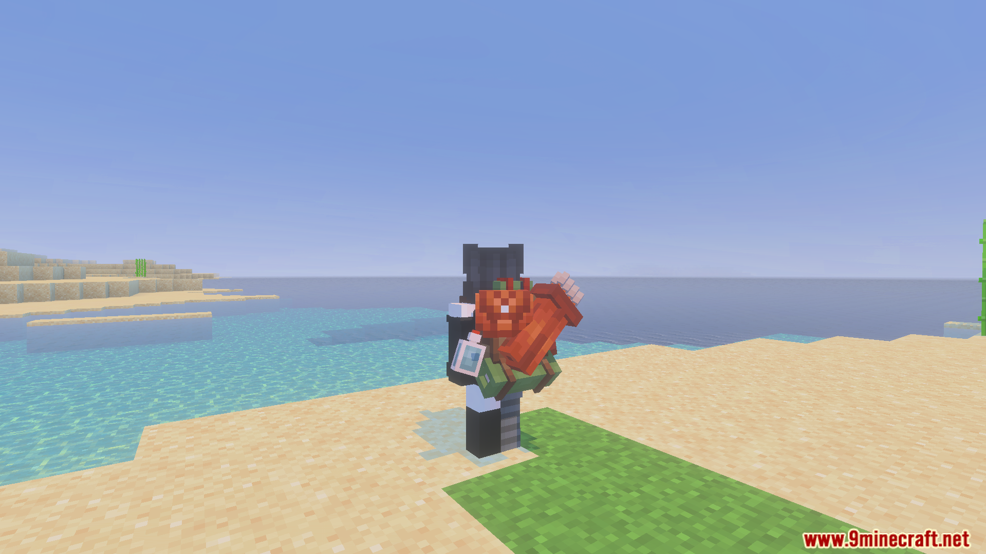 Backpacked Armor Texture Pack (26.X) – Wear Themed Cosmetic Backpacks On Armor 2 Player character wearing a cosmetic backpack on a sandy beach