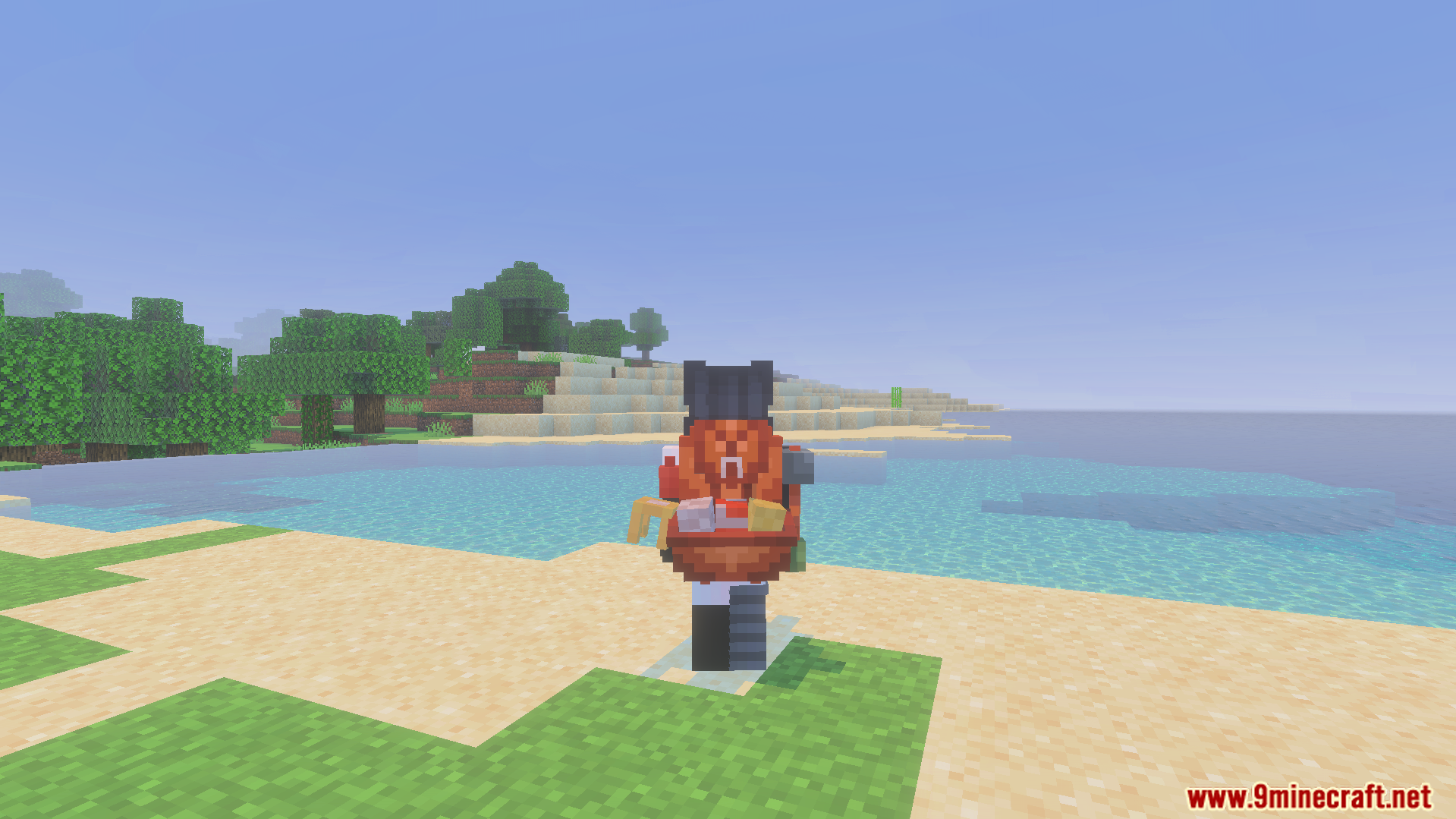 Backpacked Armor Texture Pack (26.X) – Wear Themed Cosmetic Backpacks On Armor 8 Player wearing a cosmetic miner backpack with tools on a beach