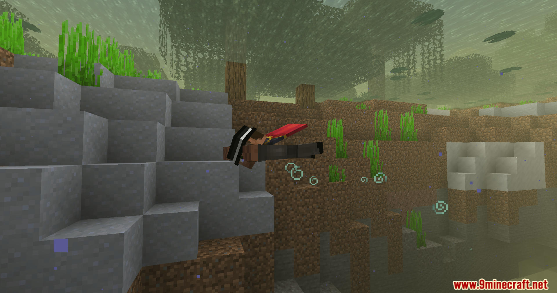Beyond Oxygen Fix Mod (1.20.1) – Explore Normal Worlds Without Suffocating 12 Player swimming alongside a sloped underwater dirt bank