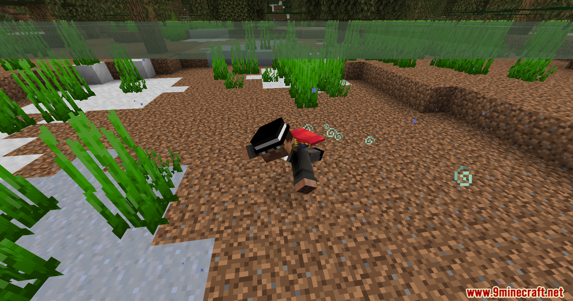 Beyond Oxygen Fix Mod (1.20.1) – Explore Normal Worlds Without Suffocating 4 Player lying on the ocean floor out of air