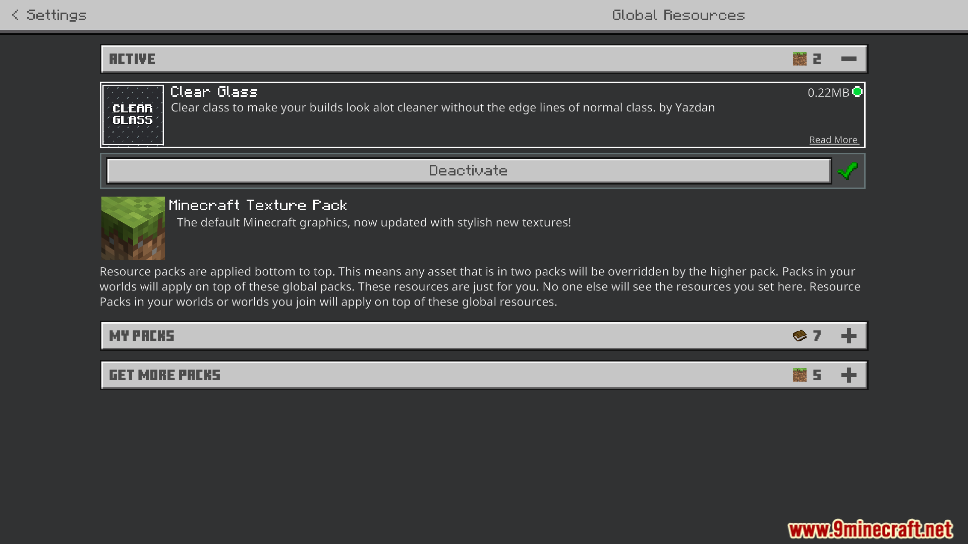 Clear Glass Texture Pack (26.X, 1.21) – Perfectly Clear Windows Without Borders 2 Settings menu showing the active clear glass resource pack