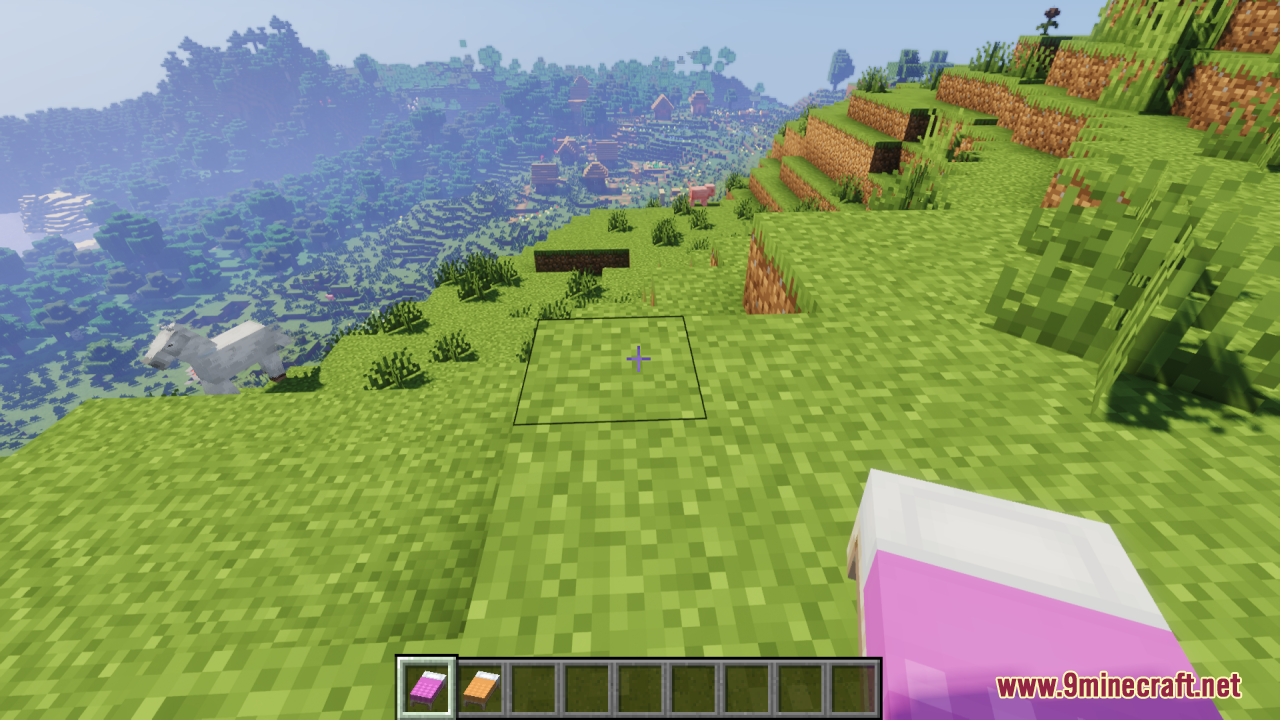 Cozy Nook Beds Resource Pack – Cozy Plaid Bedding For Rustic Cabins 10 Player holding a pink bed overlooking a village