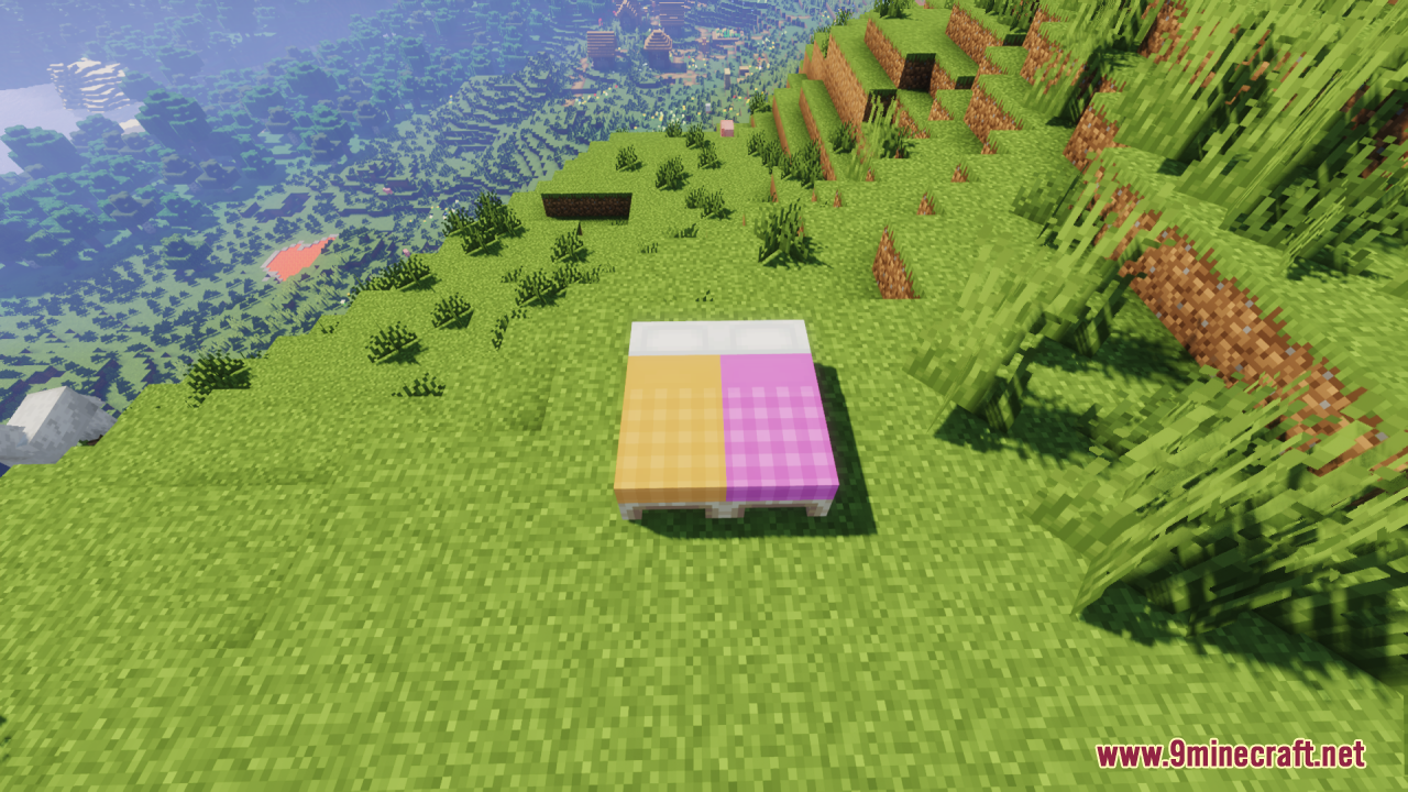 Cozy Nook Beds Resource Pack – Cozy Plaid Bedding For Rustic Cabins 13 Orange and pink plaid patterned beds placed on a grassy hill