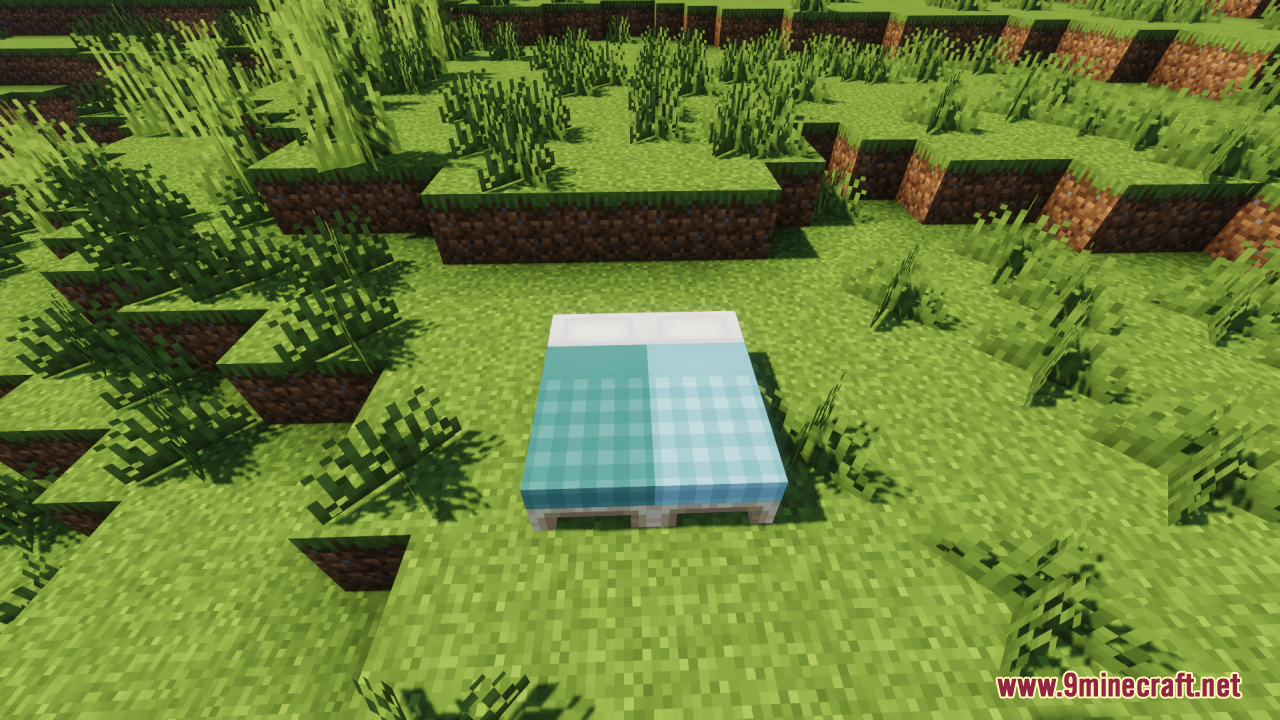 Cozy Nook Beds Resource Pack – Cozy Plaid Bedding For Rustic Cabins 3 Two minecraft beds with plaid patterned blankets placed on grass