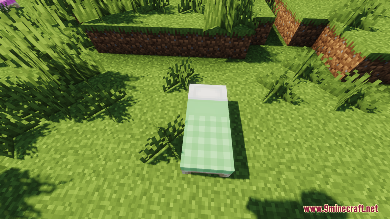 Cozy Nook Beds Resource Pack – Cozy Plaid Bedding For Rustic Cabins 4 A single minecraft bed with a green plaid blanket on grass