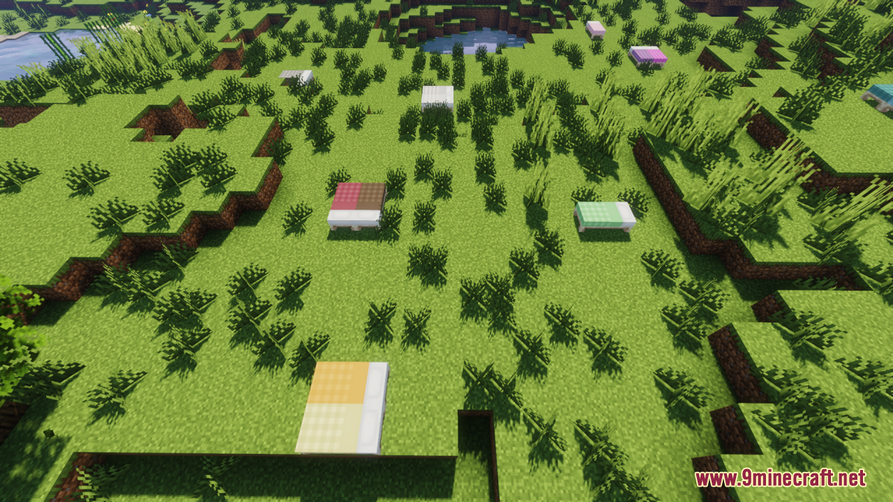 Cozy Nook Beds Resource Pack – Cozy Plaid Bedding For Rustic Cabins 8 Several plaid patterned beds scattered across a grassy field