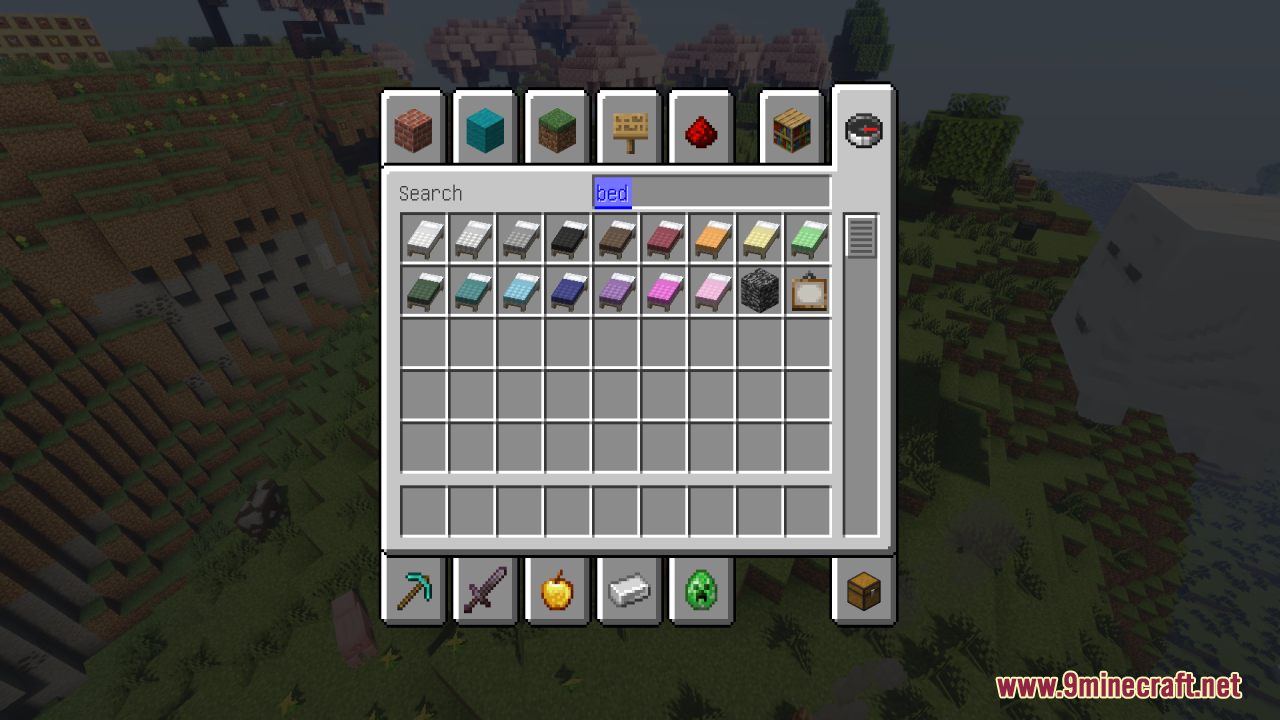 Cozy Nook Beds Resource Pack – Cozy Plaid Bedding For Rustic Cabins 9 Player searching for beds in the creative inventory menu