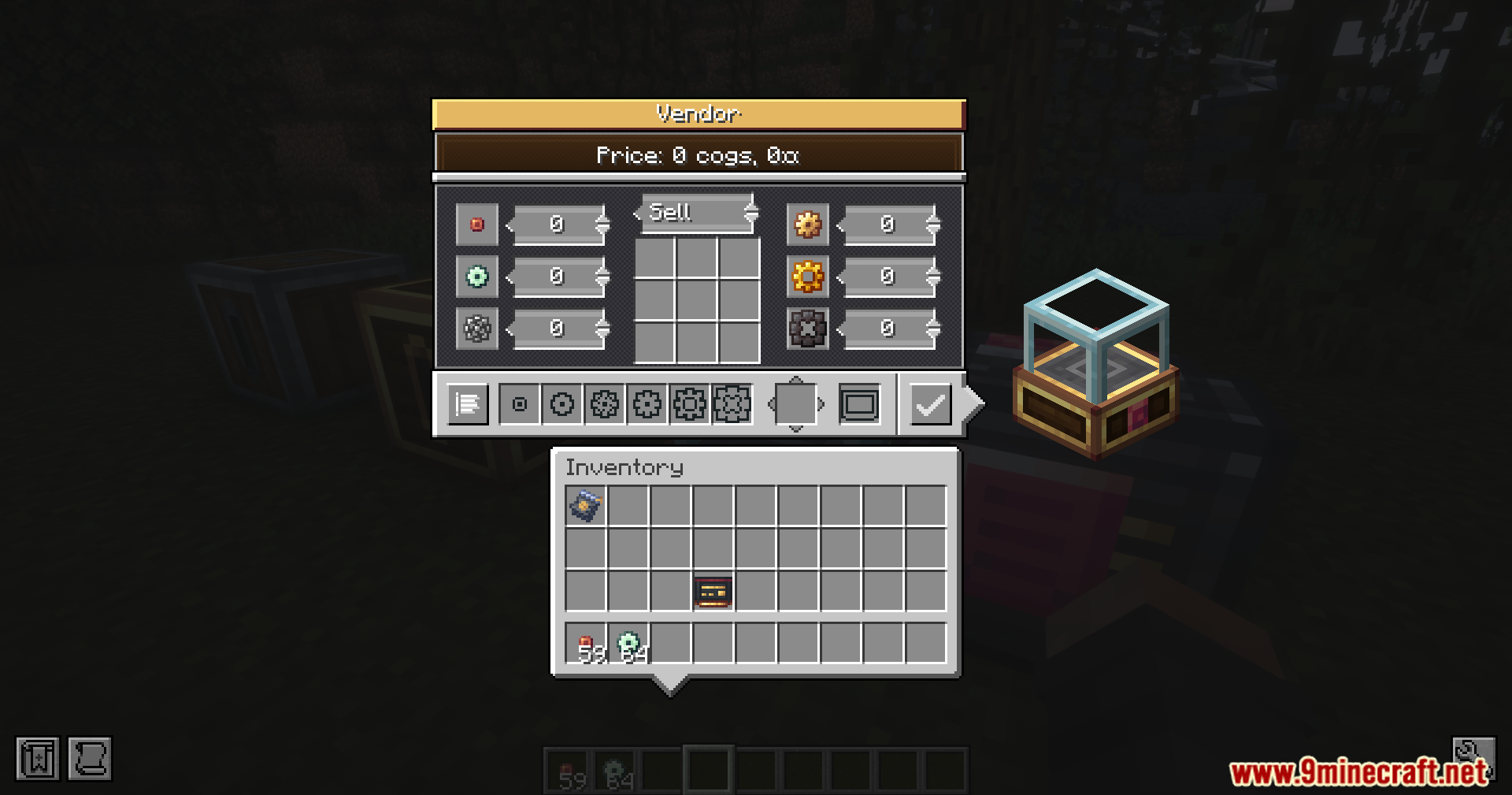 Vendor interface showing prices for buying and selling items