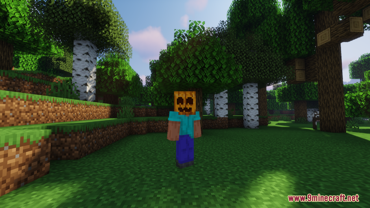 Cute Pumpkin Resource Pack – Friendly Smiles For Cozy Vanilla Farms 12 Player wearing a pumpkin with a cute smiling face in a forest