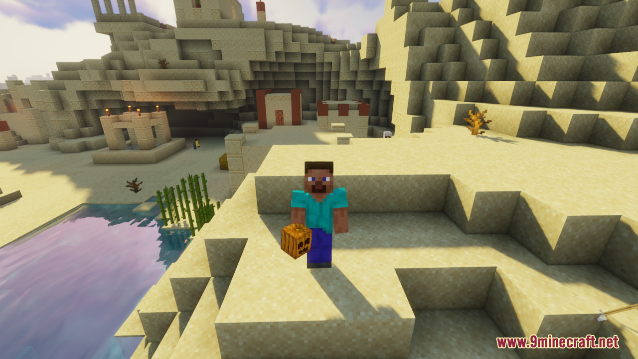Cute Pumpkin Resource Pack – Friendly Smiles For Cozy Vanilla Farms 3 Steve holding a cute carved pumpkin item in a desert village