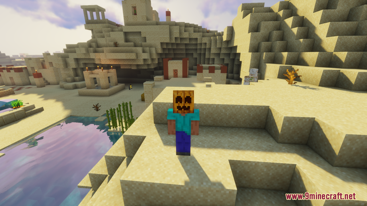 Cute Pumpkin Resource Pack – Friendly Smiles For Cozy Vanilla Farms 4 Player character wearing a cute smiling pumpkin helmet in a desert village