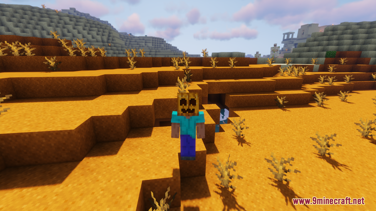 Cute Pumpkin Resource Pack – Friendly Smiles For Cozy Vanilla Farms 5 Minecraft player wearing a friendly smiling pumpkin mask in a badlands biome