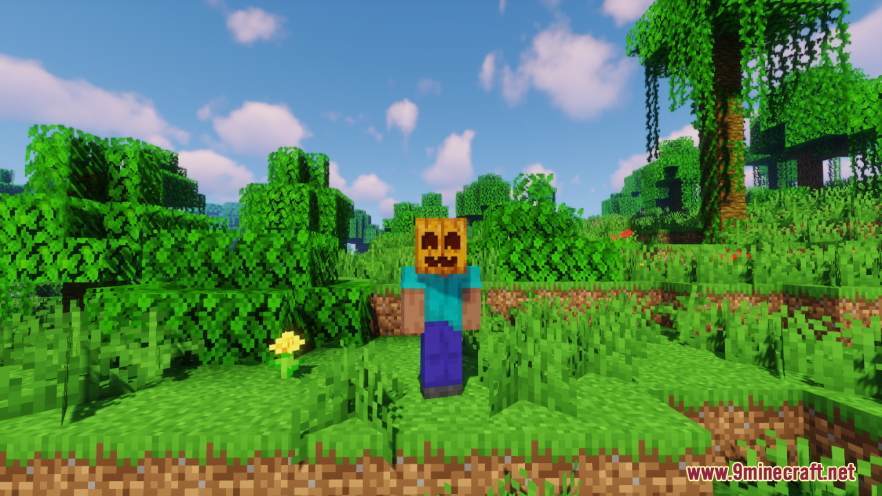 Cute Pumpkin Resource Pack – Friendly Smiles For Cozy Vanilla Farms 6 Player wearing a cute smiling pumpkin on their head in a grassy area