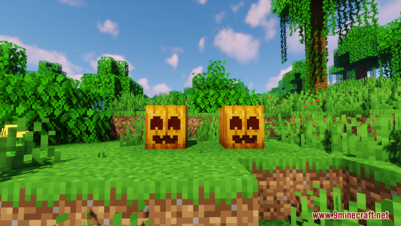 Cute Pumpkin Resource Pack – Friendly Smiles For Cozy Vanilla Farms 8 Two carved pumpkins with cute smiling faces sitting on green grass