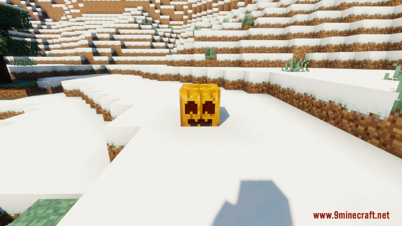 Cute Pumpkin Resource Pack – Friendly Smiles For Cozy Vanilla Farms 9 A single carved pumpkin with a friendly smile placed on white snow