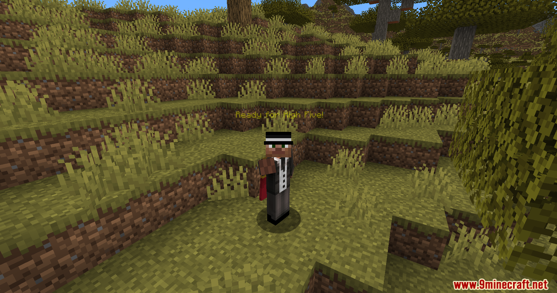 Character wearing top hat with arm raised waiting for a high five