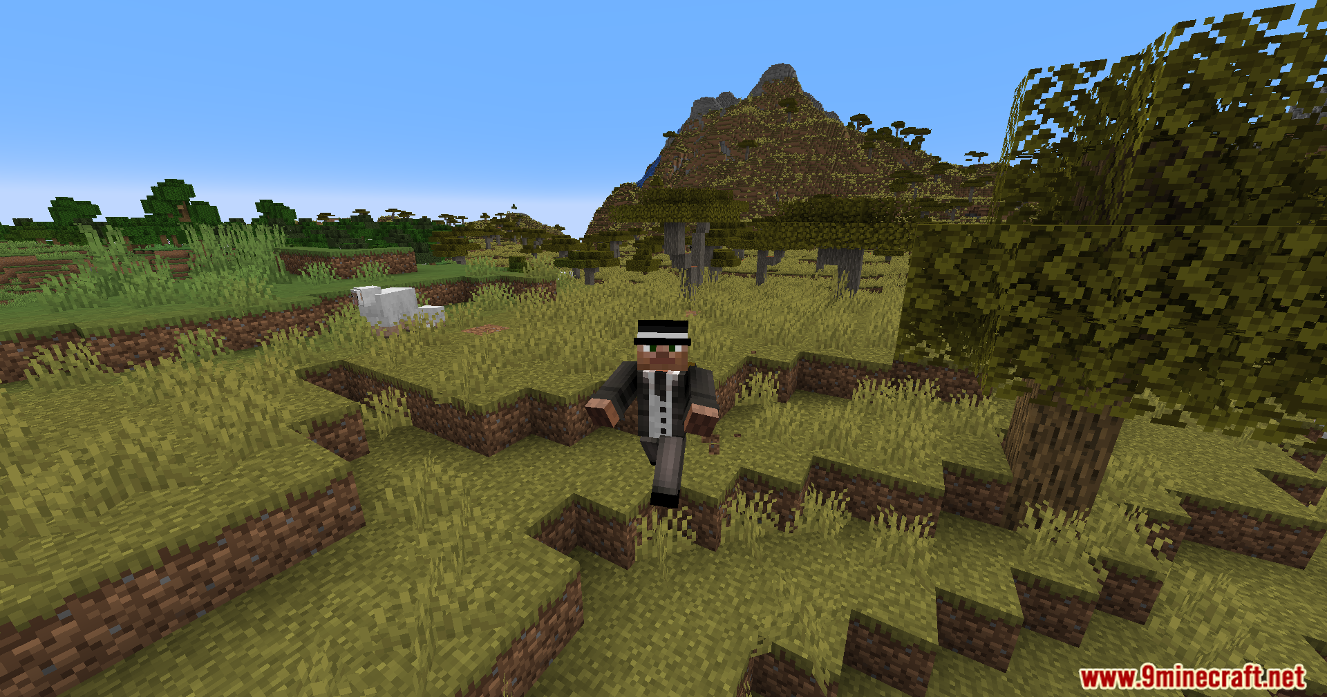 Player in a black suit running across a grassy savanna biome