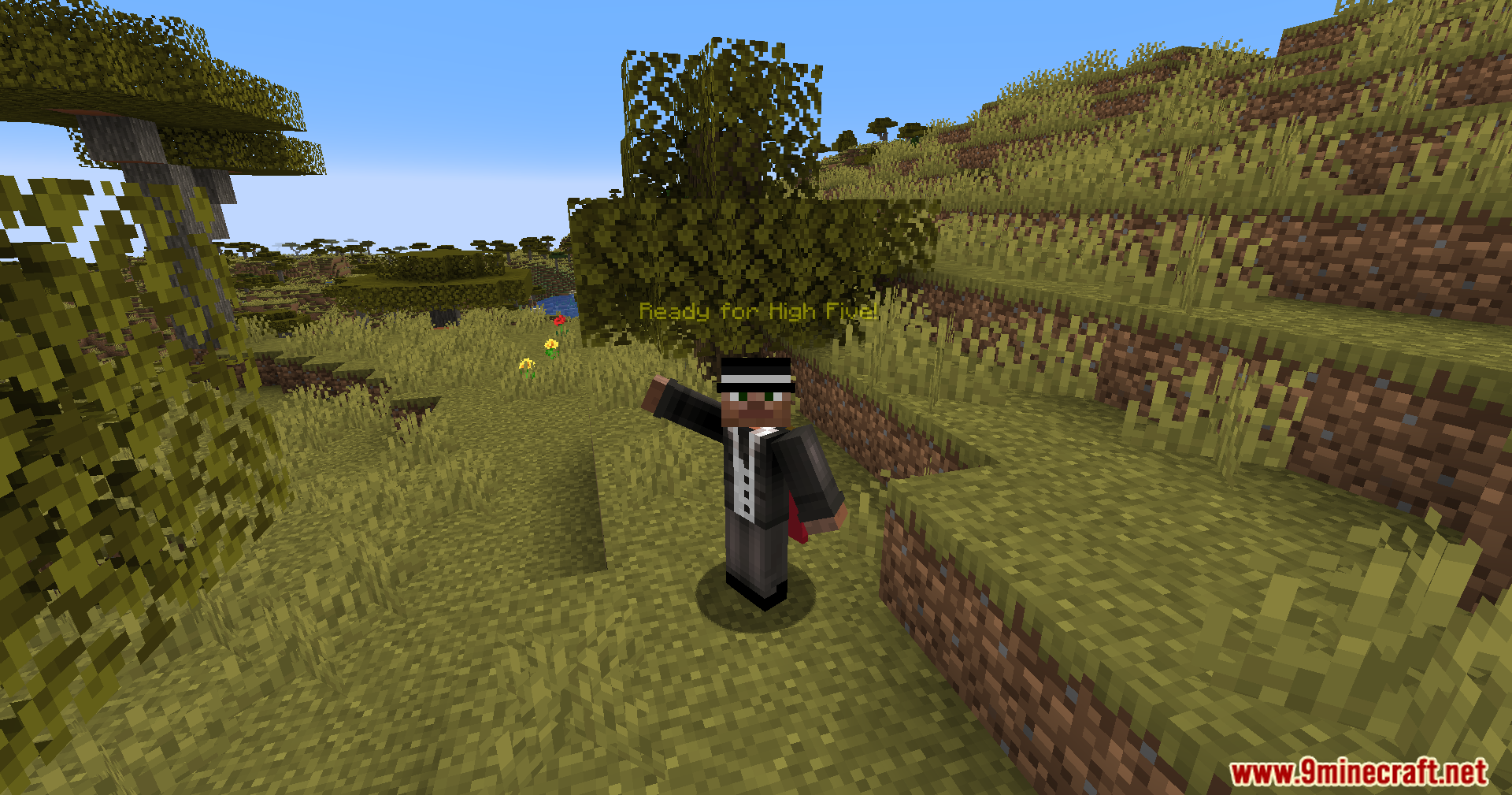 Player character in suit with arm raised and ready for high five text