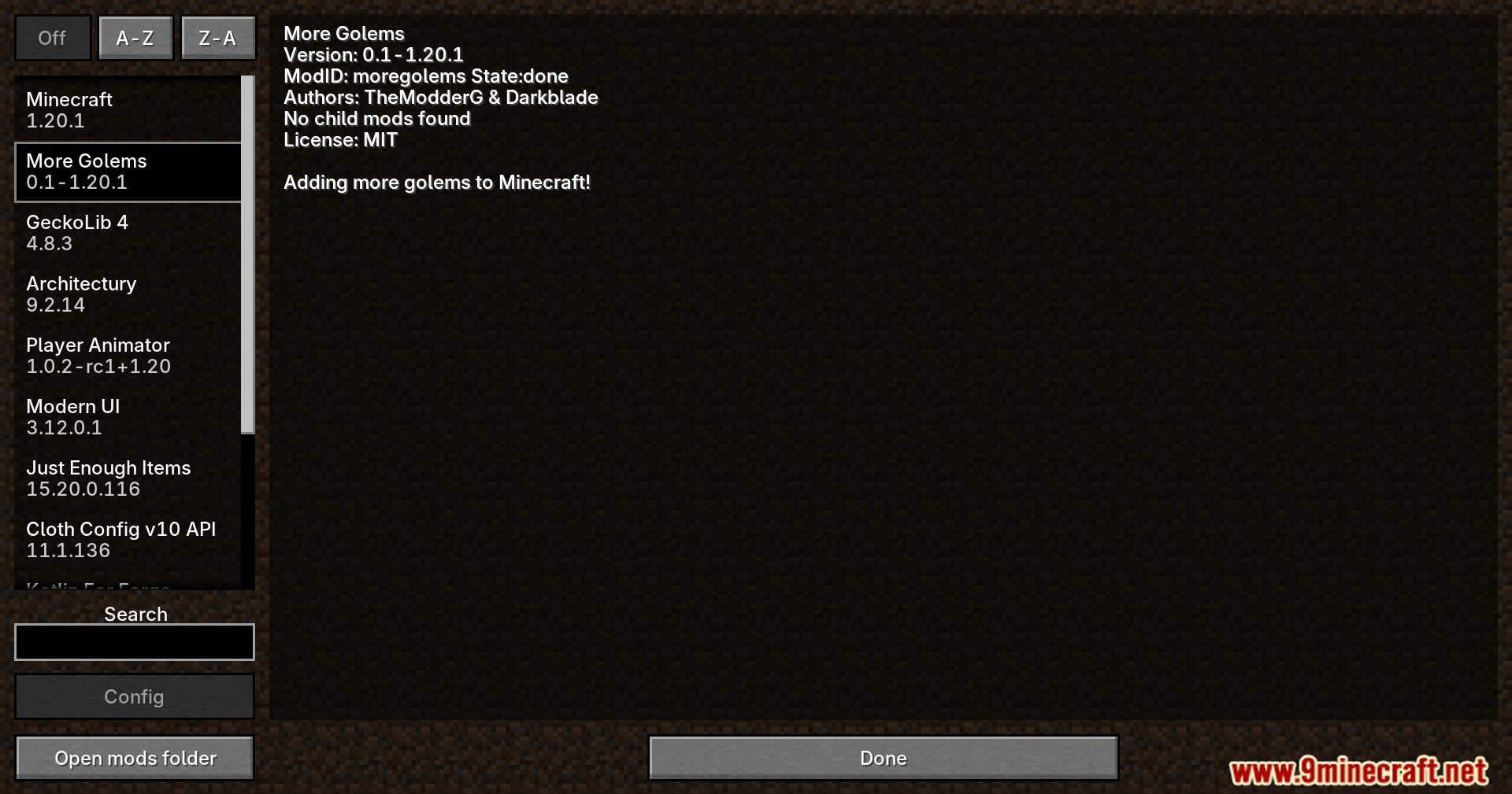 More golems mod information screen in minecraft