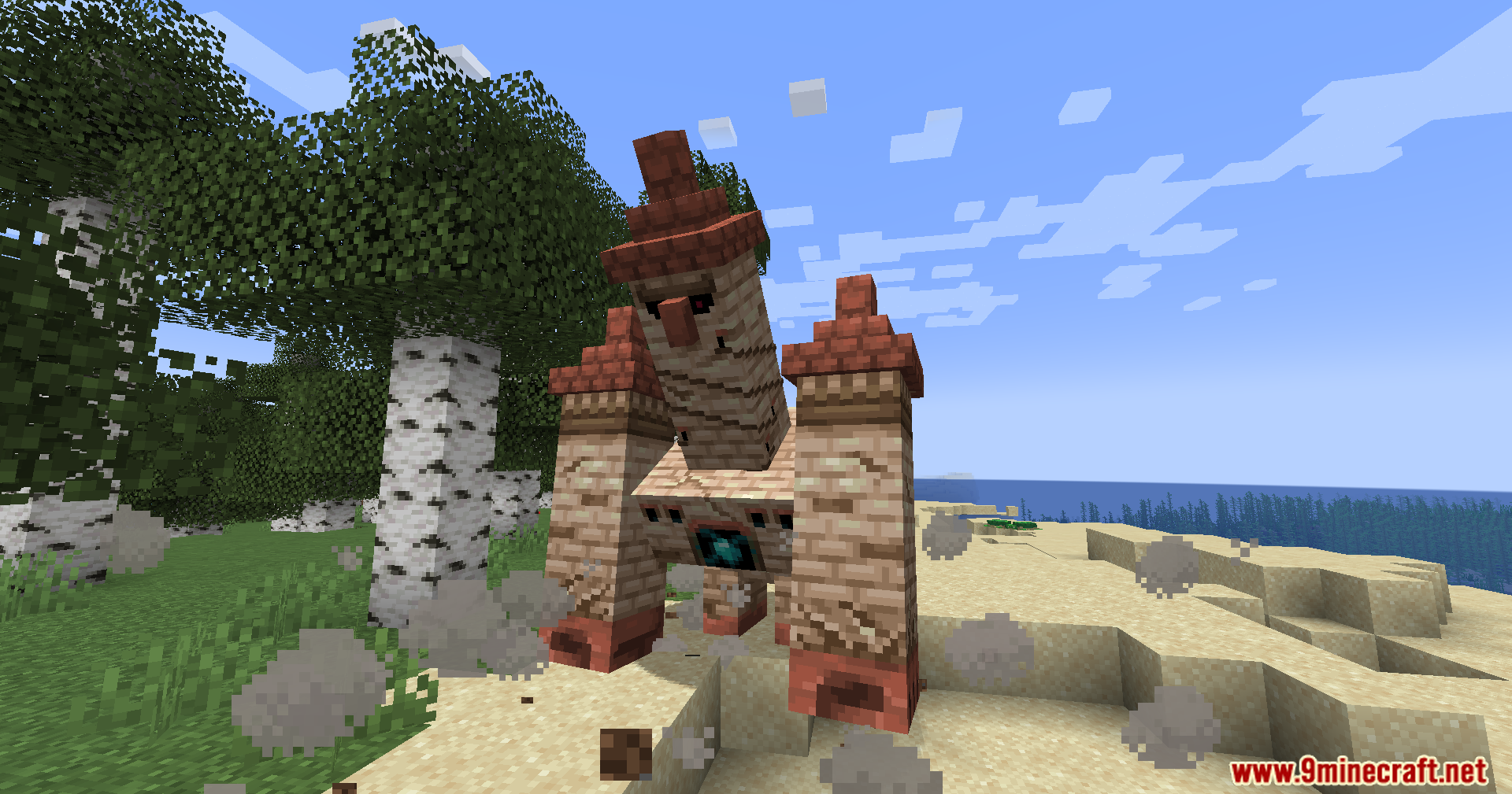 A large sandstone golem stomps along a sandy shore