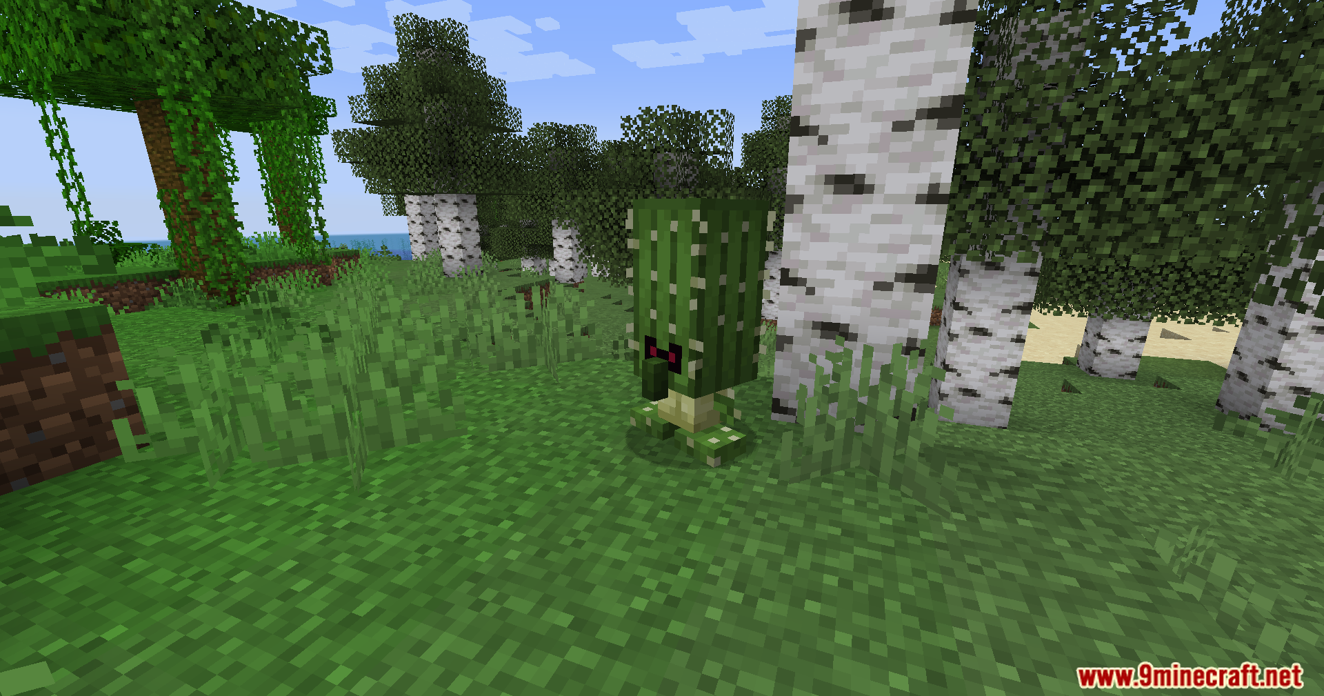 A small cactus golem walking in a forest