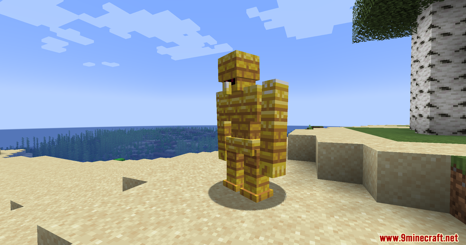 A new golden golem stands on a sandy beach