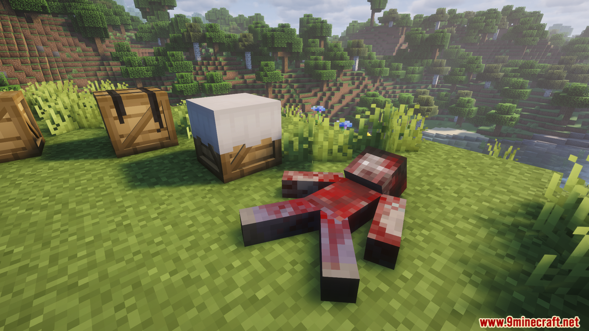 Doomsday Functionality Mod (1.20.1) – Scavenge Abandoned Decor For Survival Loot 6 A bloody corpse lies on the grass next to crates
