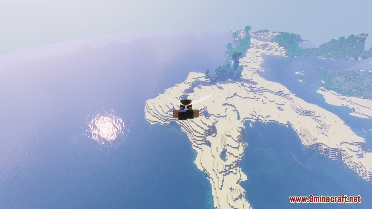 Elytra Fairy Wings Resource Pack (26.1.2, 1.20.1) – Magical Wings For Your 2 Player flying over a sandy coastline with fairy wings