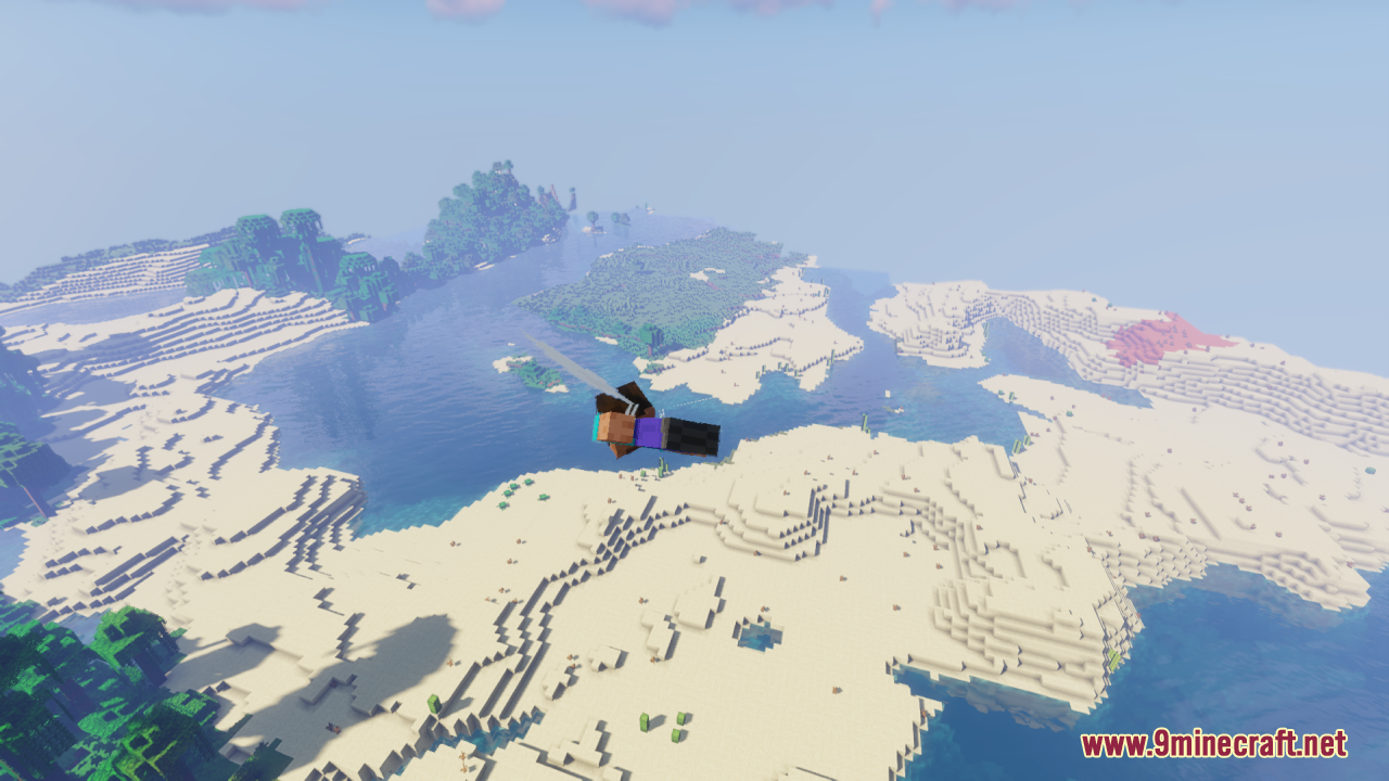 Elytra Fairy Wings Resource Pack (26.1.2, 1.20.1) – Magical Wings For Your 5 Player flying over a coastline with sandy beaches