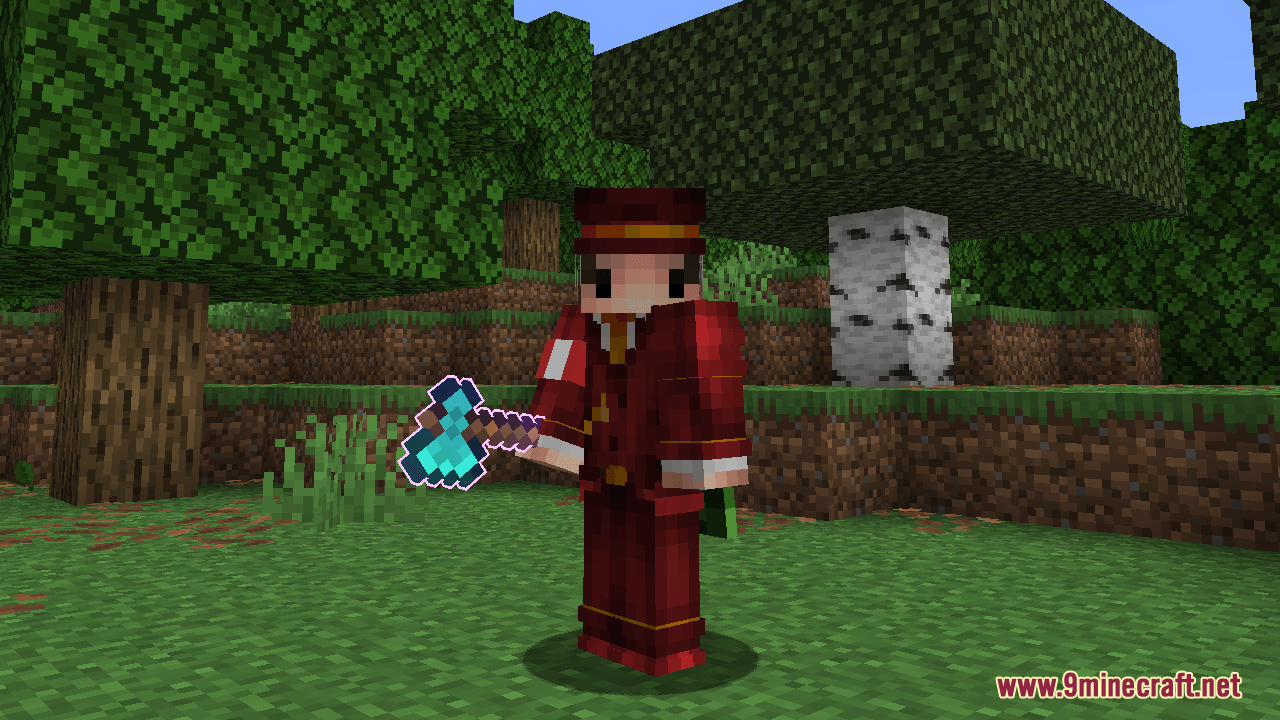 Enchantment Glows – Thin Outlines Resource Pack – Sleek Glowing Magic Outlines 2 Player holding an enchanted diamond axe with a thin purple glowing outline