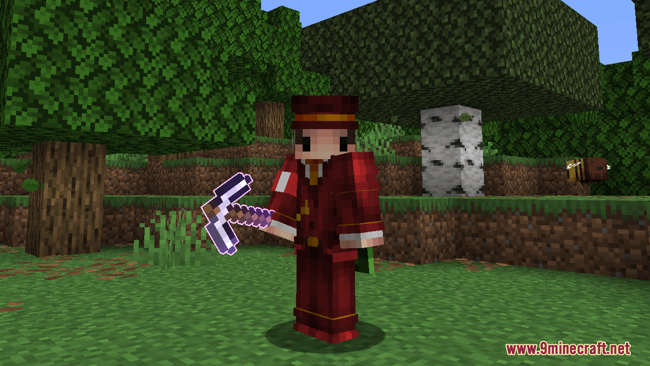 Enchantment Glows – Thin Outlines Resource Pack – Sleek Glowing Magic Outlines 9 Player holding an enchanted pickaxe with a glowing outline near a flying bee